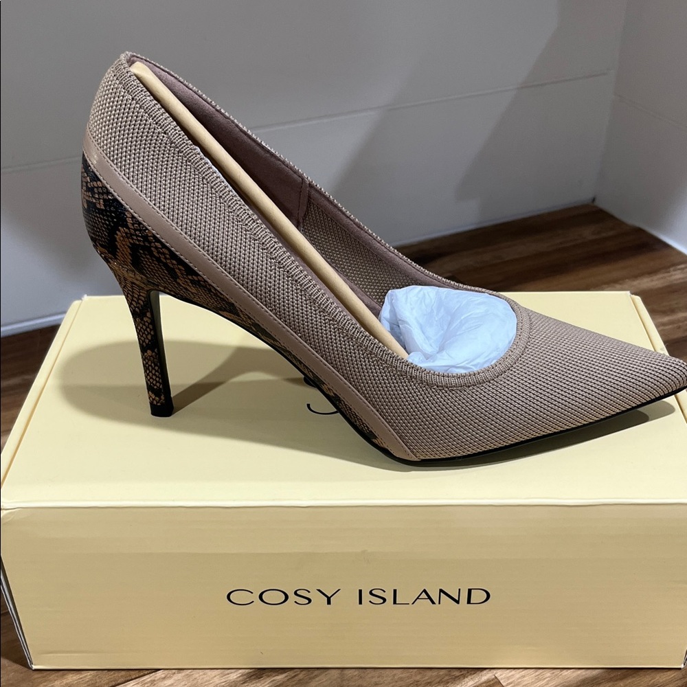 Cosy Island Taupe Pointed-Toe Pump with Snake-Print Heel